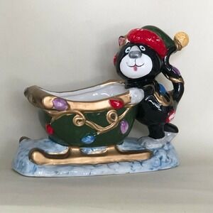Hand Painted WCL Ceramic Christmas Cat Ceramic Planter Candy Dish, Whimsical Cat
